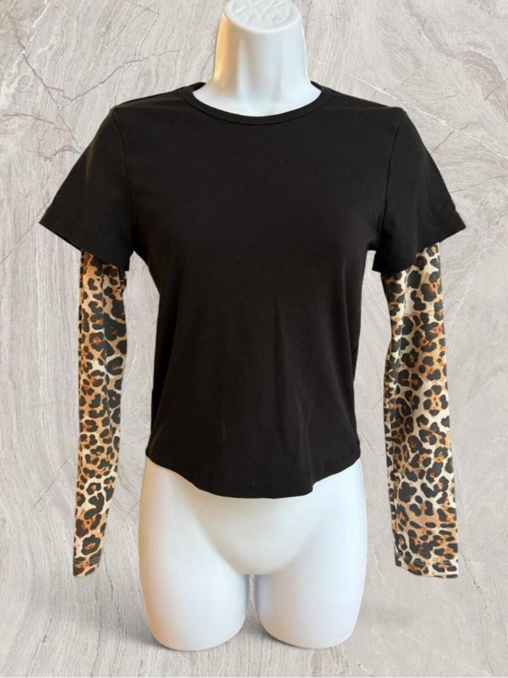 Full Tilt Black Tee with Leopard-Print Long Sleeve Layered Look